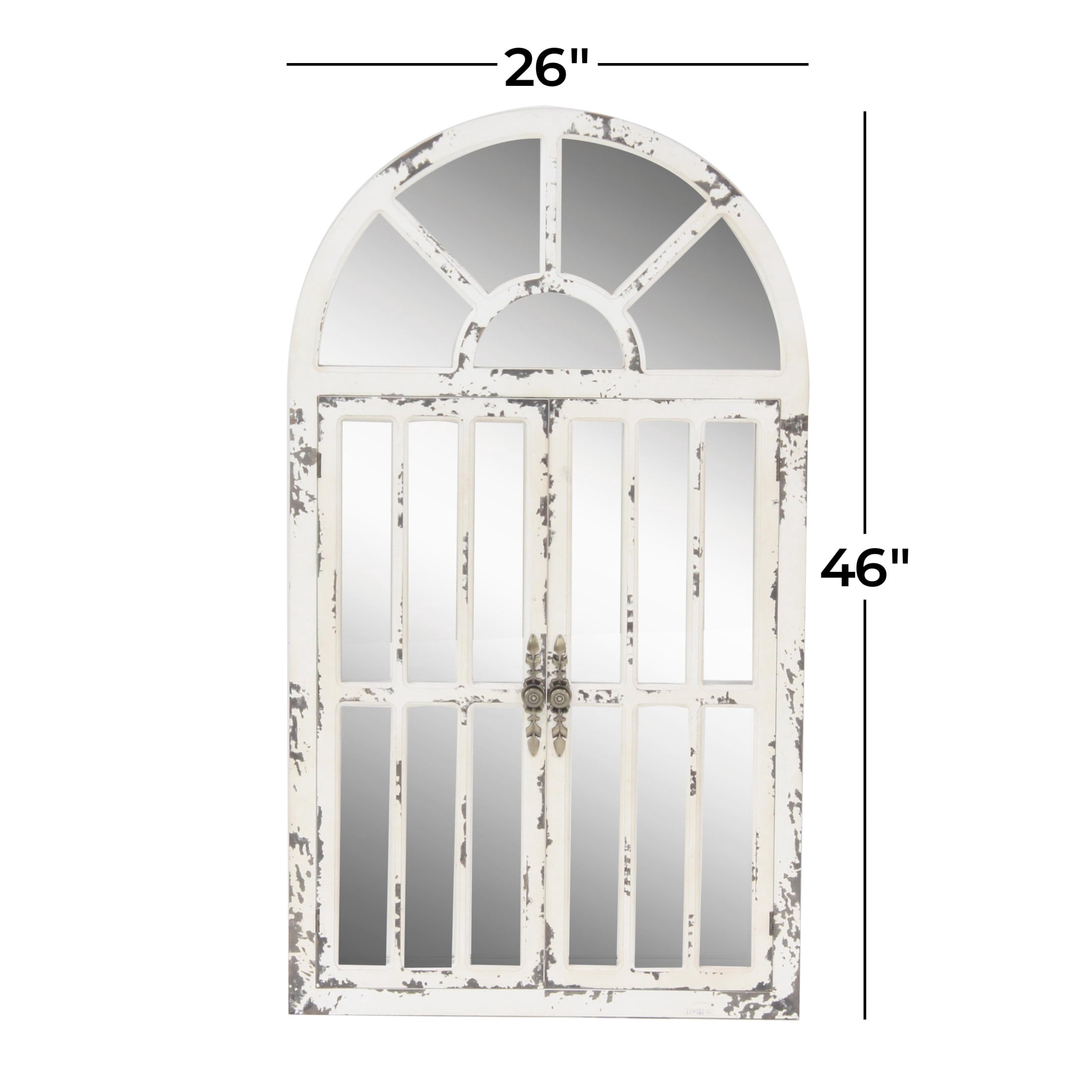 DecMode 26" x 46" White Window Pane Inspired 2 Door Wall Mirror with Arched Top and Distressing