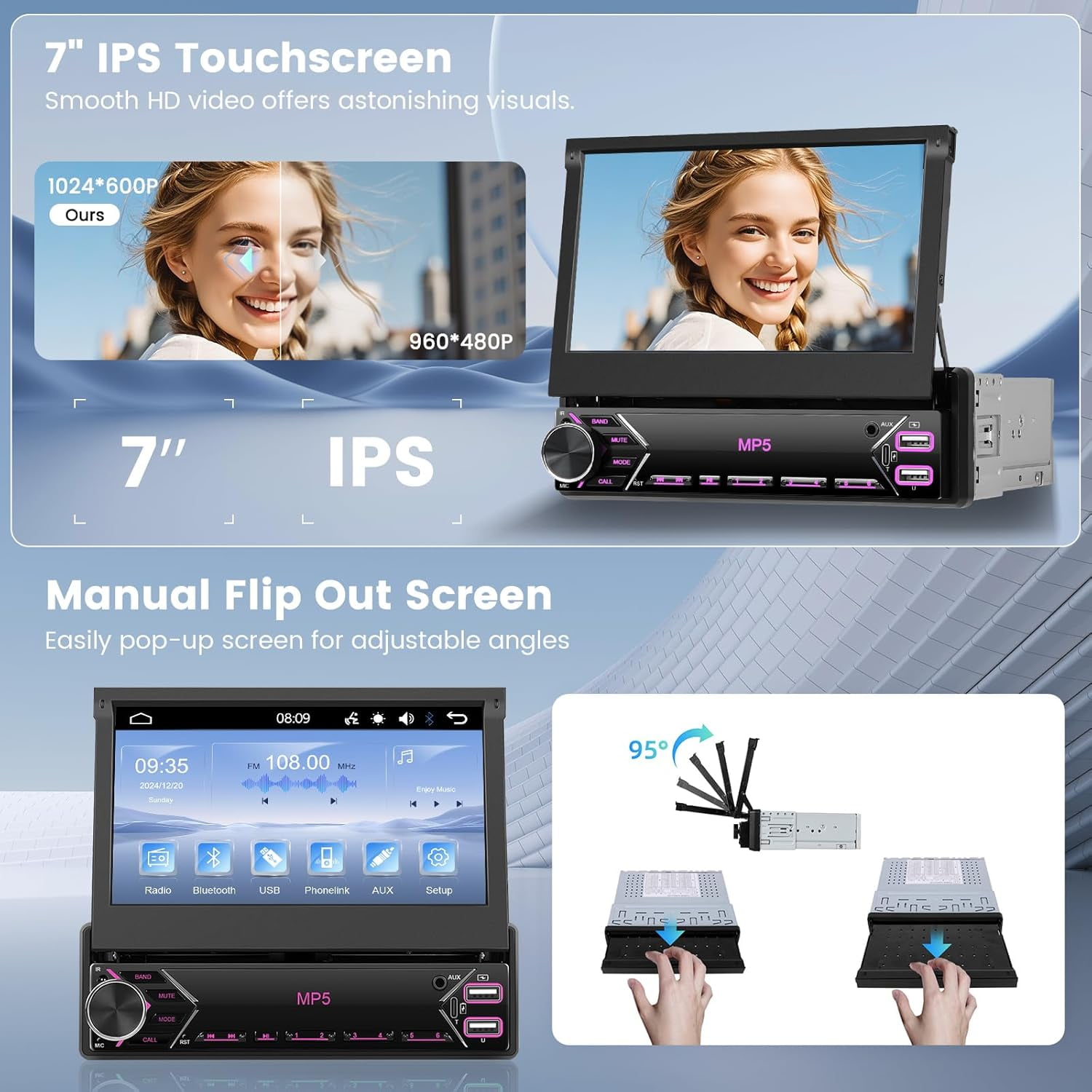 Rimoody 7 Inch Flip Out Touch Screen MP5 Stereo – 1 DIN, Bluetooth, Mirror Link, WiFi - View #5