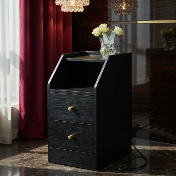 Resenkos Side End Table with Charging Station, Sofa Couch Table with Shelf Drawer for Living Room, Bedroom, Black