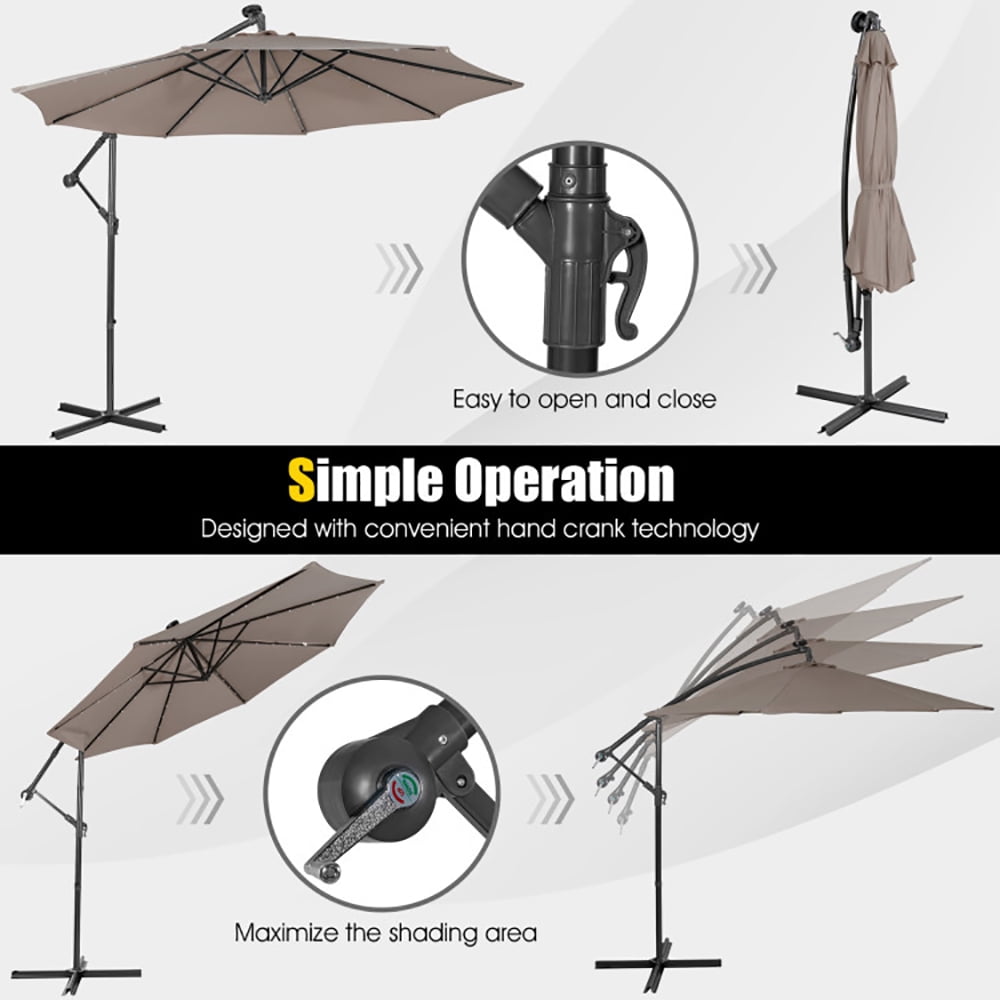 Aimee Lii 10 Feet Patio Solar Powered Cantilever Umbrella with Tilting System, Sunbrella Patio Umbrellas, Coffee Aimee Lii 10 Feet Patio Solar Powered Cantilever Umbrella with Tilting System, Sunbrella Patio Umbrellas, Coffee