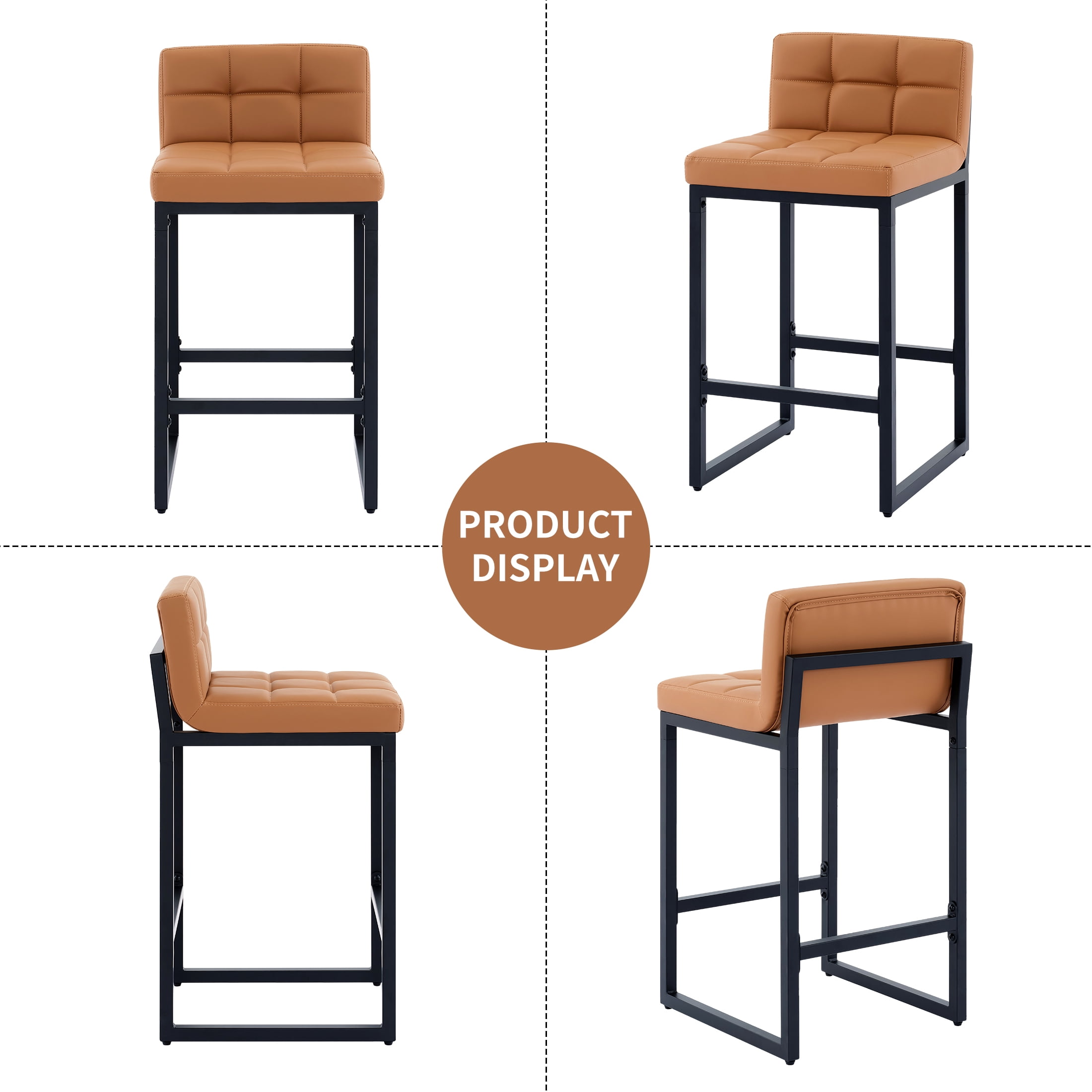 FIRAVOE Bar Stools Set of 2, Counter Height Bar Stools (Low Back)(Thickened Frame) 26" PU Leather Barstools Bar Chairs for Kitchen Island, Caramel Brown
