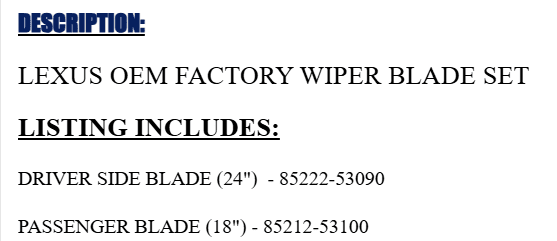 LEXUS OEM FACTORY WIPER BLADE SET 2014-2023 IS250 / IS350 / IS300