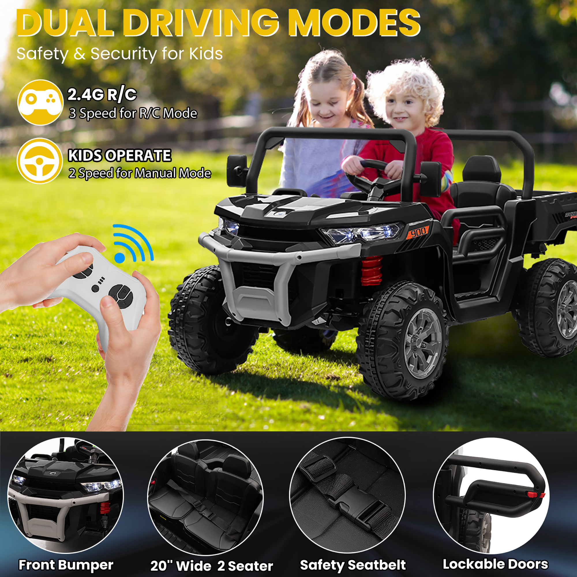 Joyracer 24V Kids Ride on UTV with Remote Control, 2 Seater 2x200W Ride on Dump Truck Car, Electric Battery Powered Ride on Toys with Trailer & Shovel, Horn, MP3, Bluetooth Music, Big Kids, Black - image 5 of 15