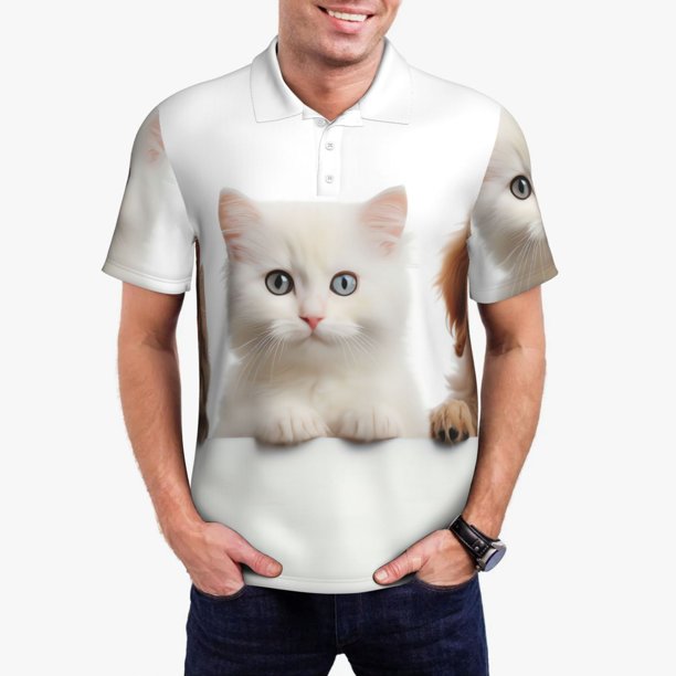 Fotbe Cute Kittens And Puppy Camiseta Polo de Golf para Hombre con Estampado – Camisa Deportiva Transpirable con Cuello Abotonado-Large
