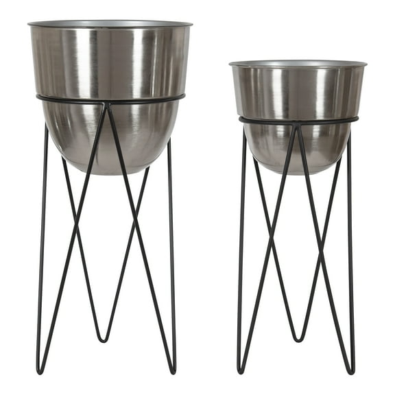 Kate and Laurel Mantua Modern Metal Planter Set, Set of 2, Black and Silver, Decorative Planter with Stand Collection