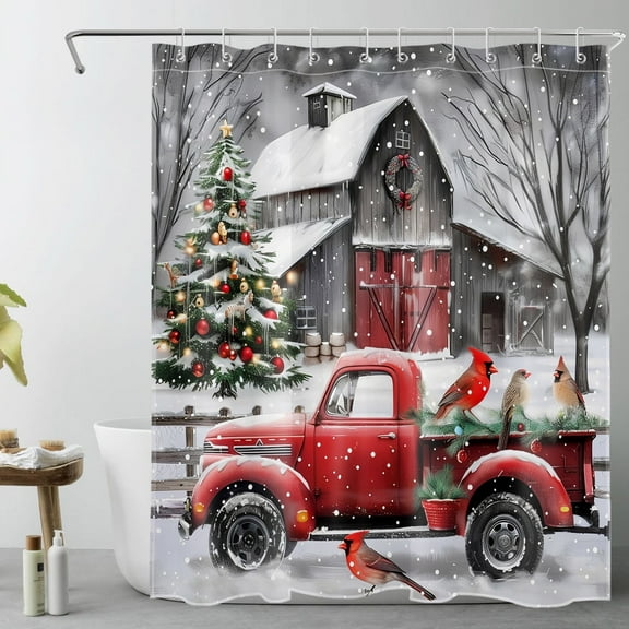 Christmas Snow Truck Shower Curtain for Bathroom Red Truck Cardinal and Christmas Tree Bathroom Shower Curtain Grey Winter Barn Shower Curtain Bath Accessories Home Decor with 10 Hooks 60x72 Inches