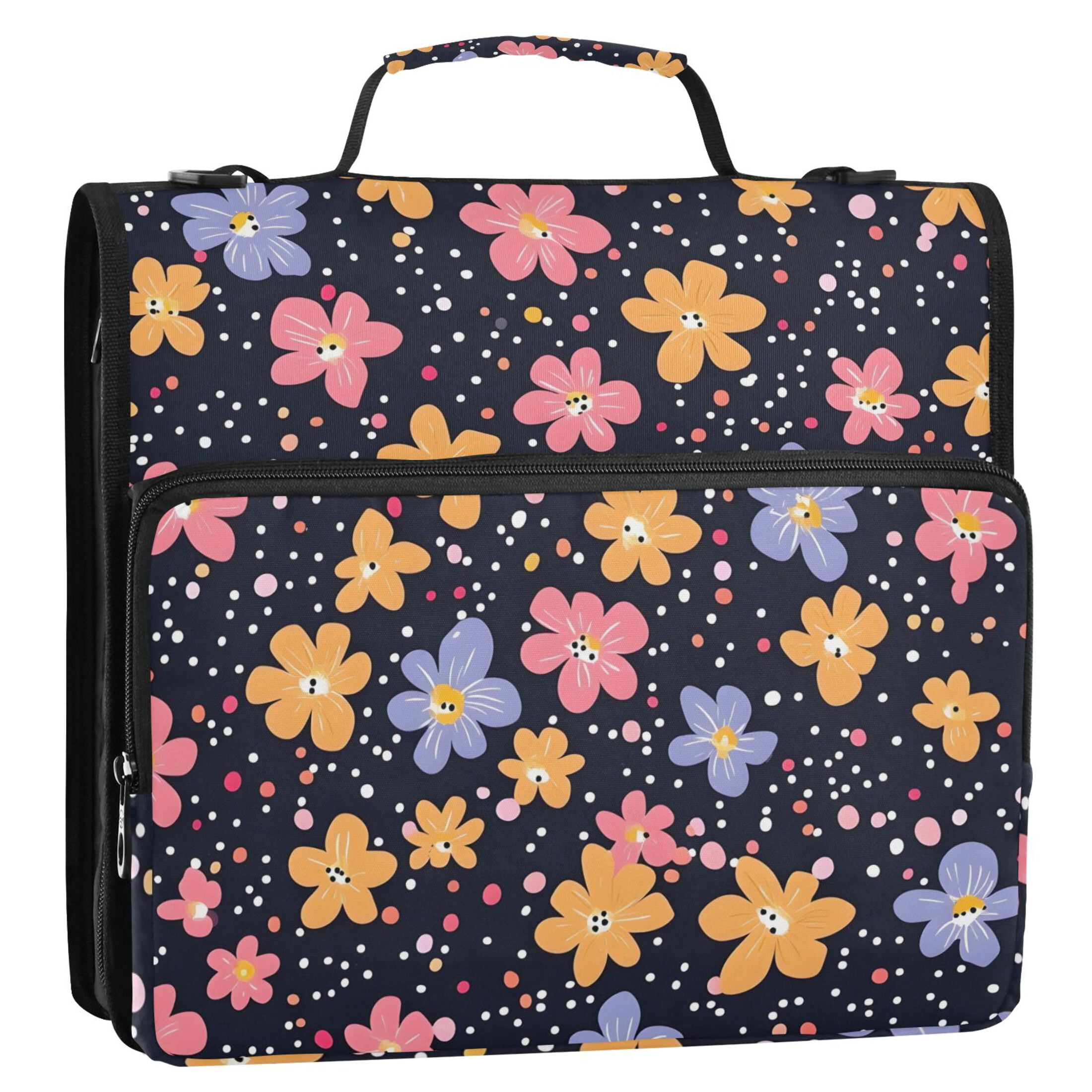 3 Ring Zipper Binder with Shoulder Strap Waterproof Trapper Keeper 2 Inch D-Ring 500 Sheets Capacity Cartoon Flowers and Dots
