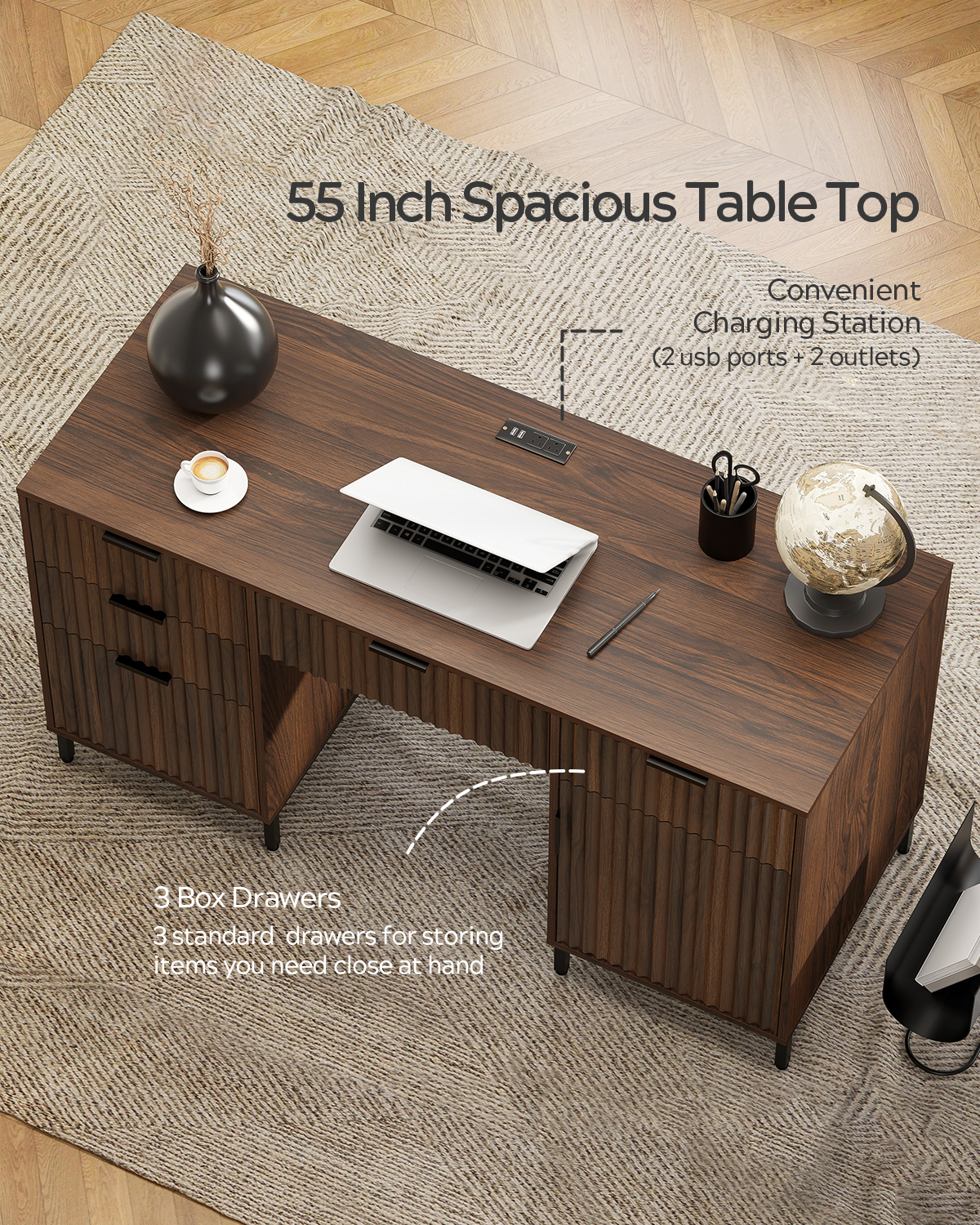 EYYTHUNG 55" Fluted Executive Desk, Modern Wood Computer Writing Desk Home Office Desk with Charging Station, Keyboard Tray, Brown