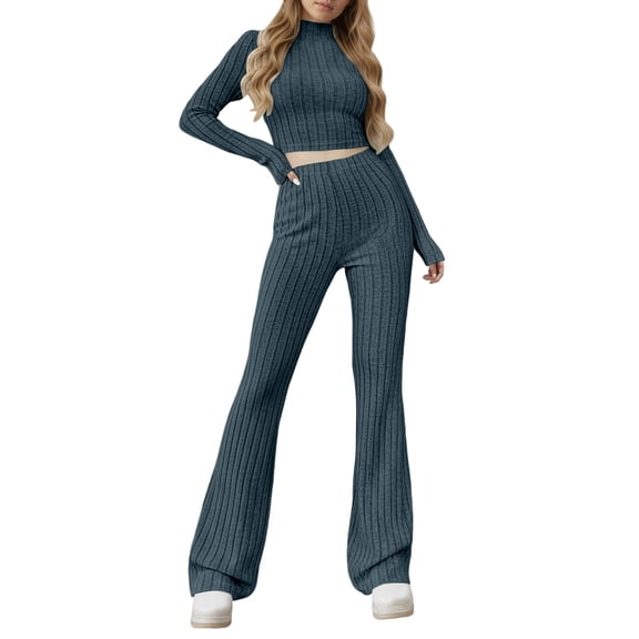 Women 2 Piece Outfits Long Sleeve Long Pants High Neck Knit Stretchy Flare Leggings,Comfort Sweatsuits for Women,Long Sleeve Pajama Set for Women,Size:S