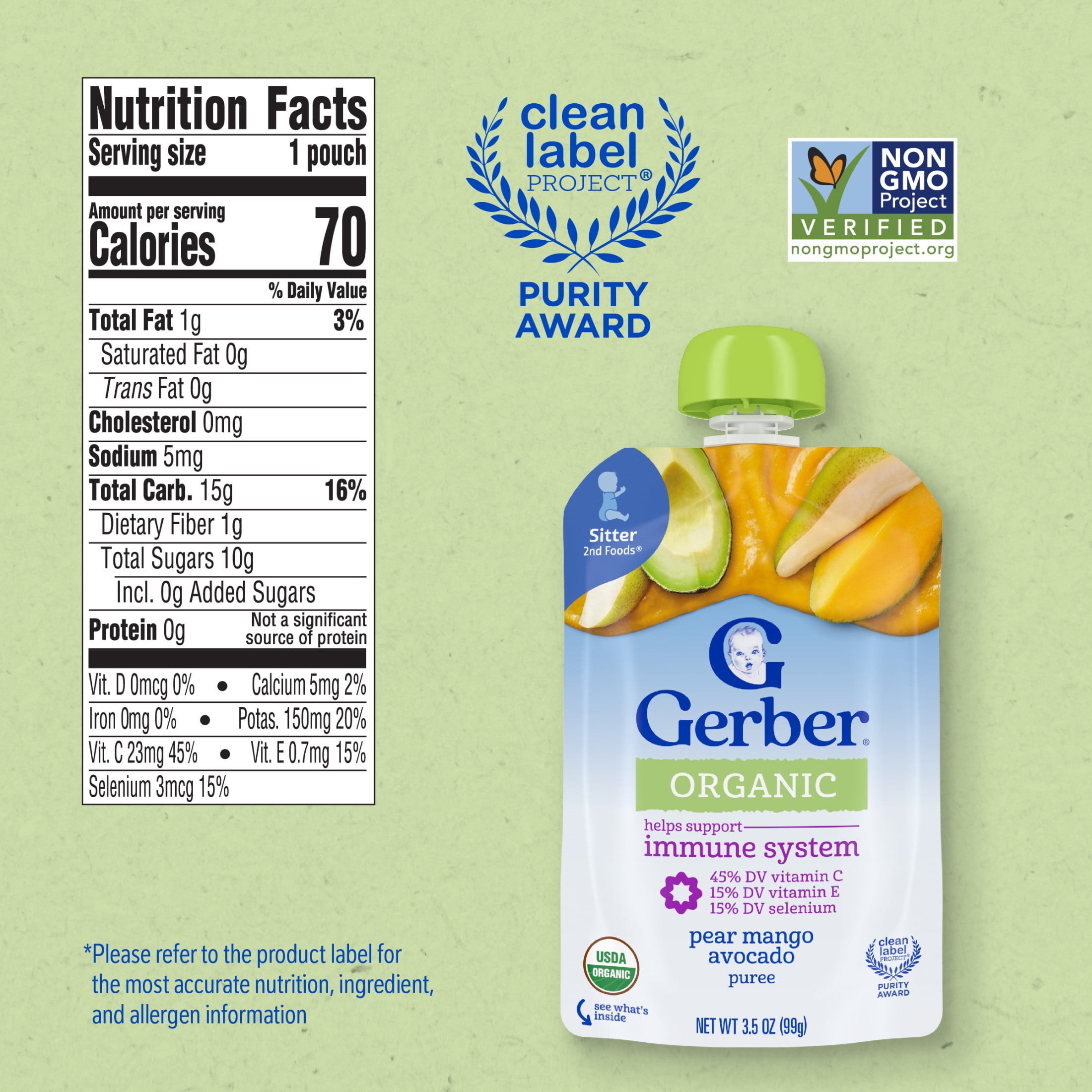 (12 pack) Gerber Stage 2 Baby Food, Organic Pear Mango Avocado, Baby Food Pouches, Puree 3.5 oz