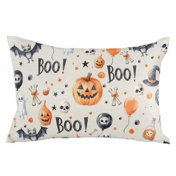 Beige Halloween Throw Pillow Cover 16 x 24 Inch Decorative Pillow Cover Scary Pumpkin Ghost Skull Balloon Lumbar Pillowcase Seasonal Rectangle Cushion Case for Couch Sofa Bed Living Room