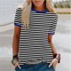 thumbnail image 2 of Blusas para las Mujeres Casual, Rayas Impresas Patchwork Manga Corta Cuello Redondo Top Hecho de 95% Poliéster 5% Spandex para el Verano, Tops Cortos para las Mujeres, 2 of 5