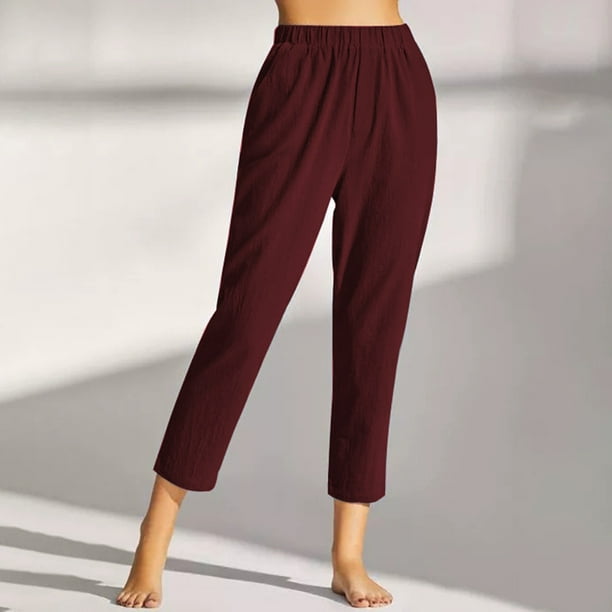 Linen Capri Pants for Women Elastic High Waisted Summer Casual Loose Solid  Color Capris Cropped Lounge Pants
