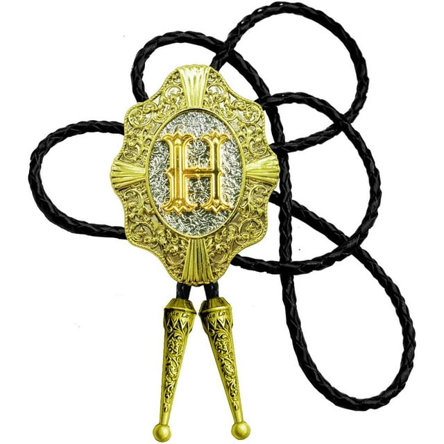 GHSDFBB Golden Initial A to Z in Flower Nursery Cowboy Bolo Tie with Cowhide Rope