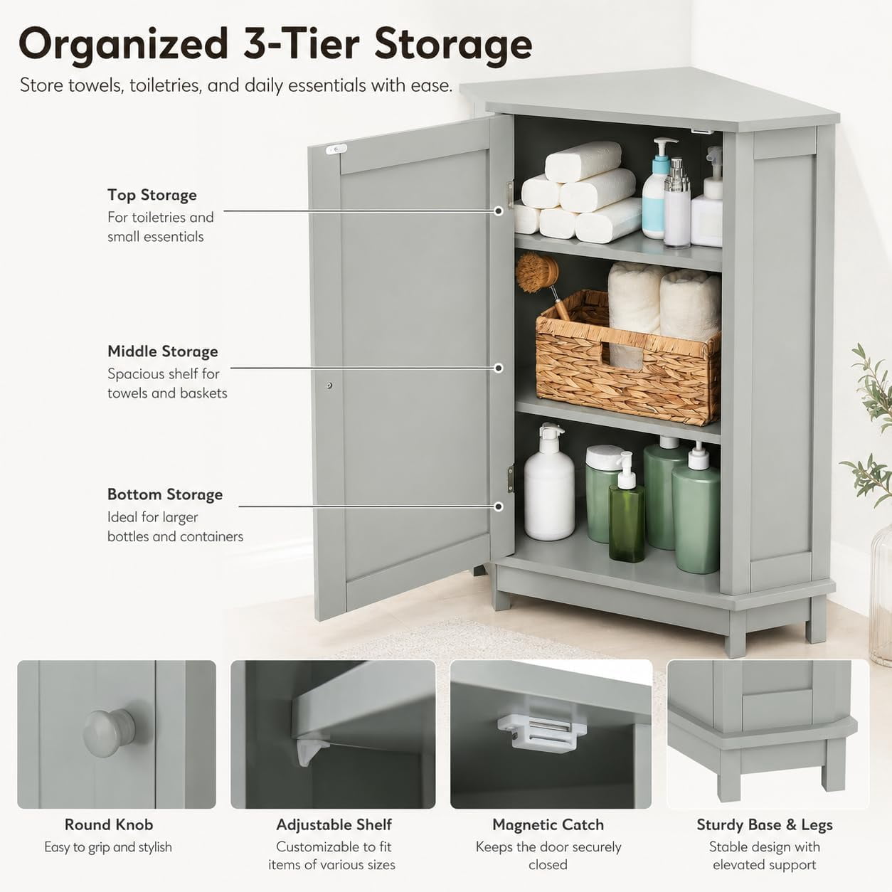 31" Corner Storage Cabinet, Wood Freestanding Triangle Floor Cabinet with Door & Shelves, Grey