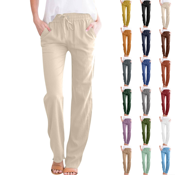 Linen Pants Women Spring Summer Dressy Casual High Waisted Drawstring Pant Cotton Straight Leg Lounge Trousers Beige S