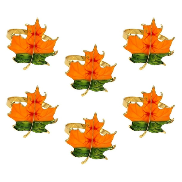 Maple Leaves Napkin Rings Table Decor Alloy Retro Style 6pcs Yellow Red
