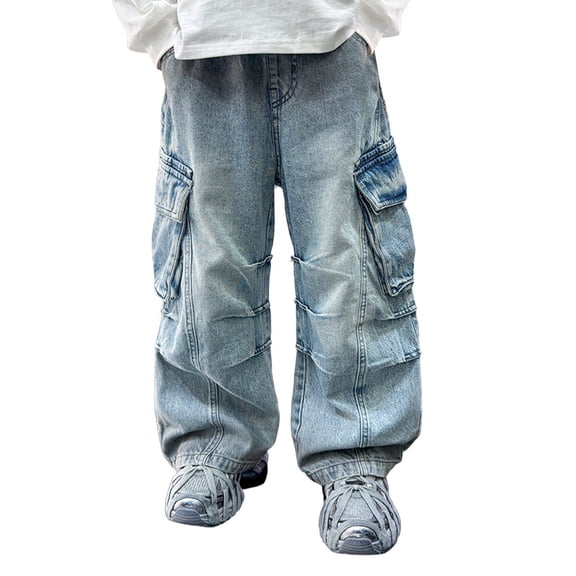 JLMSPLWG Kids Baggy Cargo Jeans with Multi Pockets Toddler Hip Hop Pants Teen Boy Baggy Patchwork Jean Streetwear Tween Boy Cool Y2k Grunge Denim Pants Boy Clothes
