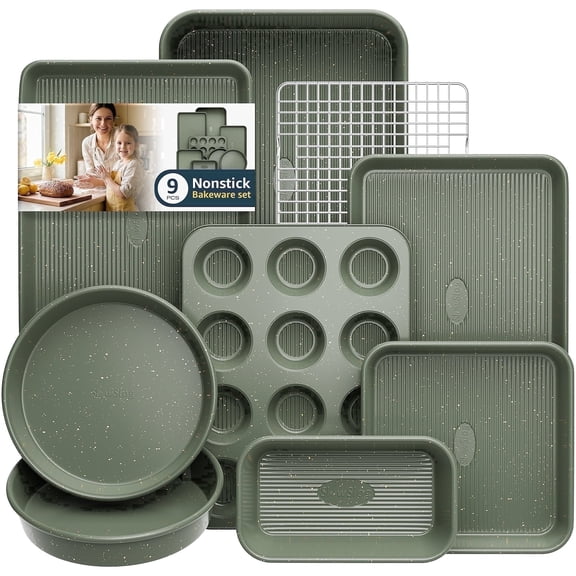 Slow Slog 9-Piece Stackable Nonstick Bakeware Set with Cooling Rack, Roasting&Muffin Pan&Loaf Pan&Cookie Sheets, Oven Safe 428°F,Green