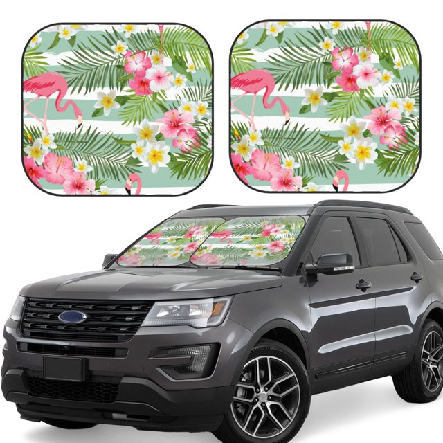 Fotbe Tropical Flamingo Juego de 2 Piezas de Parasoles para Parabrisas | Bloqueador Solar para Auto | Accesorios Plegables para Protección Solar Interior-Large
