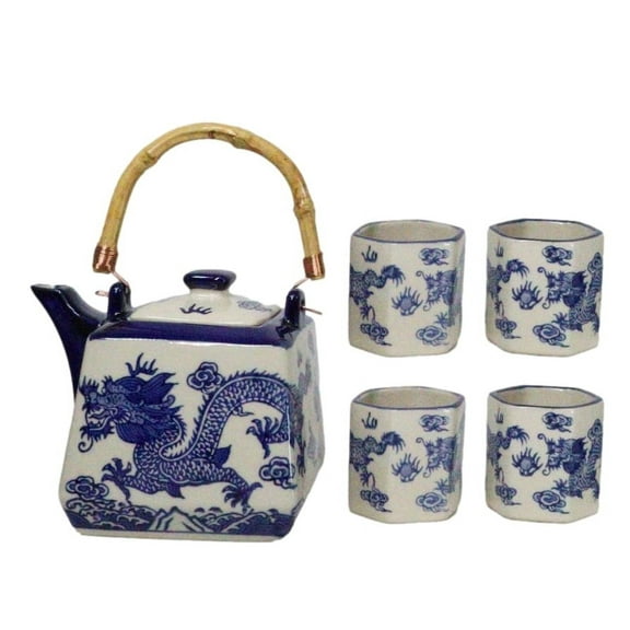 Heavenly Blue Oriental Ryu Dragon King Hexagonal Teapot With 4 Tea Cups Set
