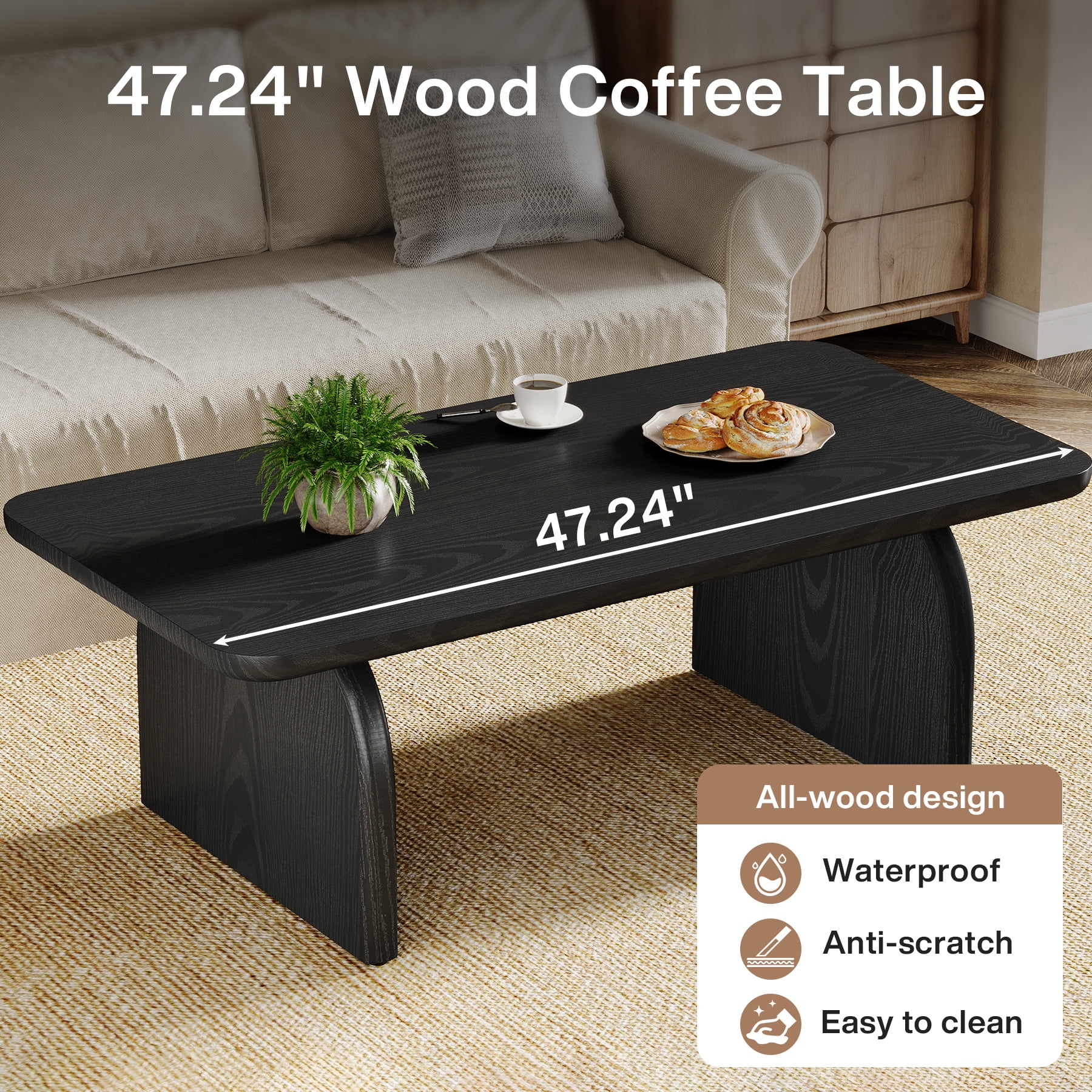 Fnova Farmhouse Coffee Table for Living Room, 47.24" Rectangle Black Coffee Table, Easy Assembly