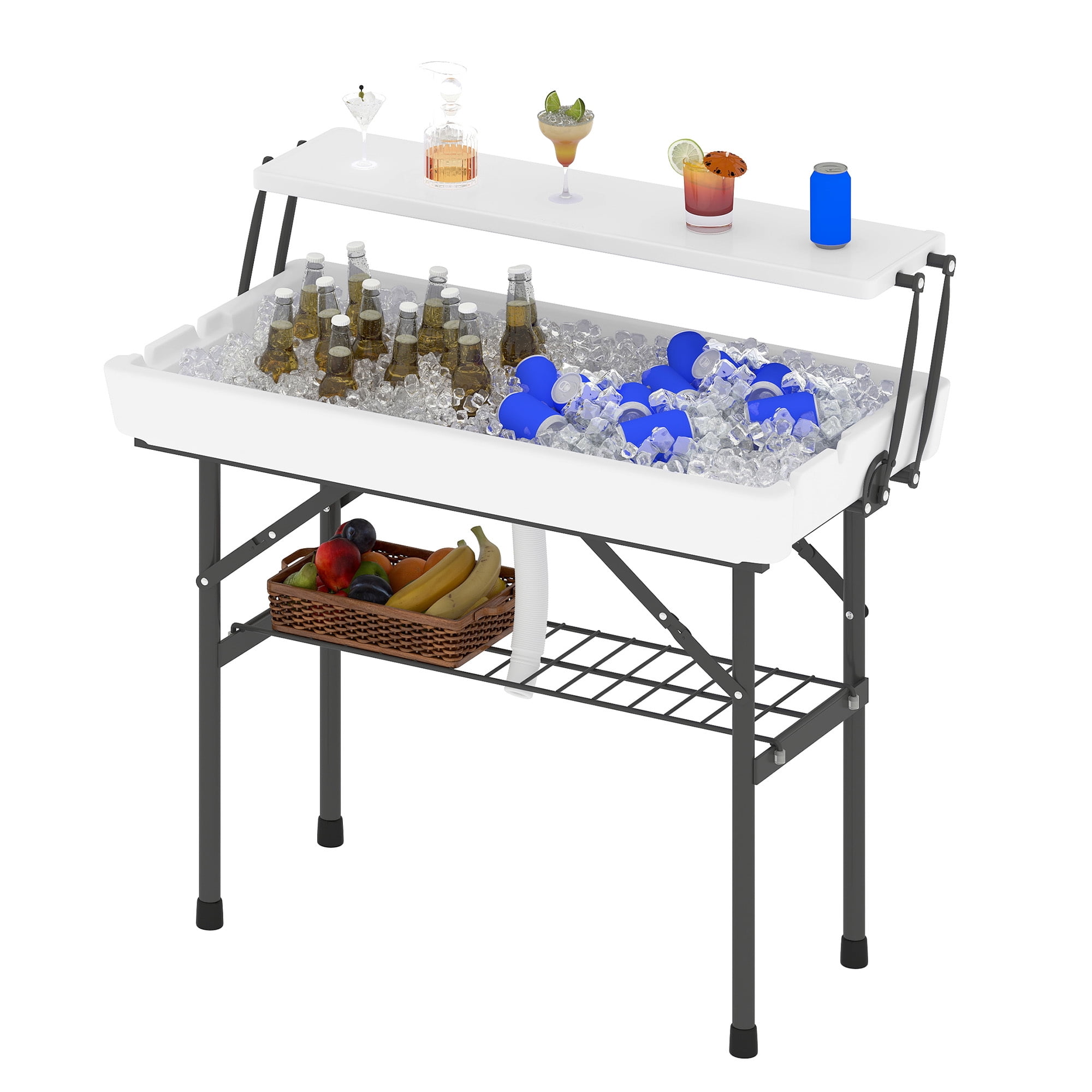 Uforic 4FT Two-Tier Folding Ice Cooler Table, Portable Party Ice Bin with Drain Hole and White Skirt, Outdoor Food Drink Station for BBQ, Camping, Wedding and Gathering