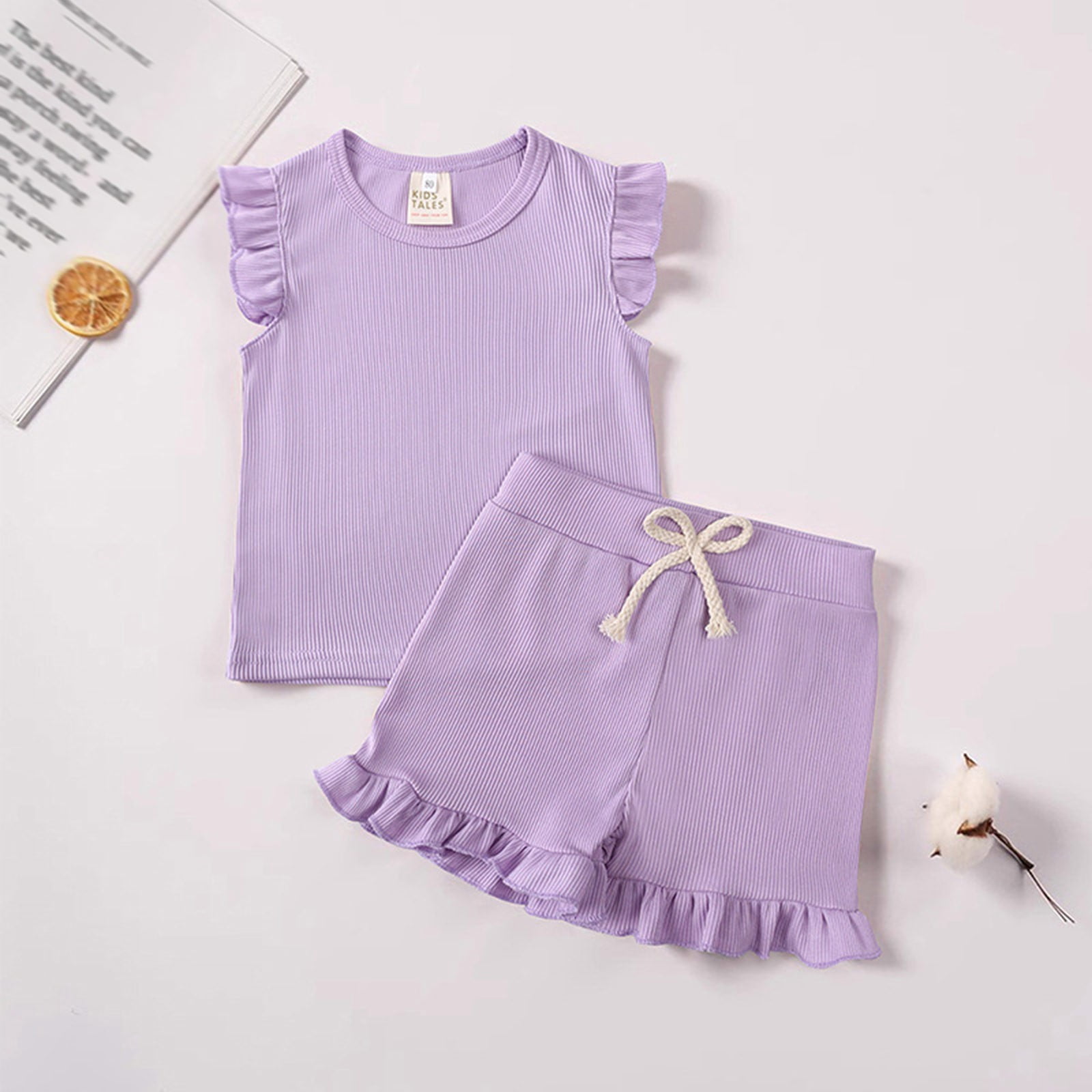 HCNTES Toddler Baby Girl Summer Outfit Mama's Little Angel Short Sleeve Letter T Shirt Top and Shorts Cute 2Pcs Set,4-5 Years Light Purple