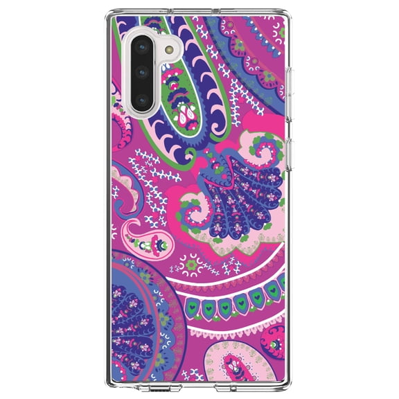 DistinctInk Clear Shockproof Hybrid Case for Samsung Galaxy Note 10 (6.3" Screen) - TPU Bumper, Acrylic Back, Tempered Glass Screen Protector - Pink Purple Green Paisley