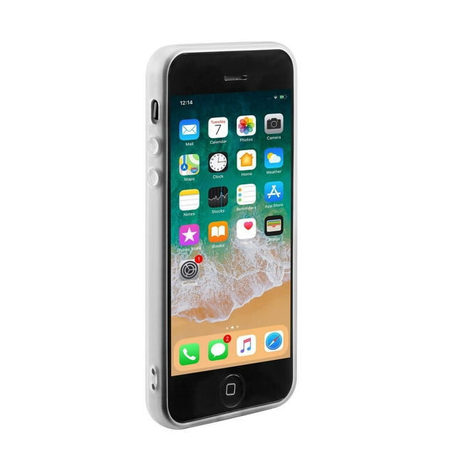 blackweb ™ Tempered Glass iPhone 5/5s/SE Case shown in a 3/4 profile on an iPhone 5 with black front and white side buttons. It features a laser gradient tempered glass back and mixed material construction for durable protection against dust and scratches, with full access to ports and buttons, ideal for safeguarding your phone while preserving functionality.