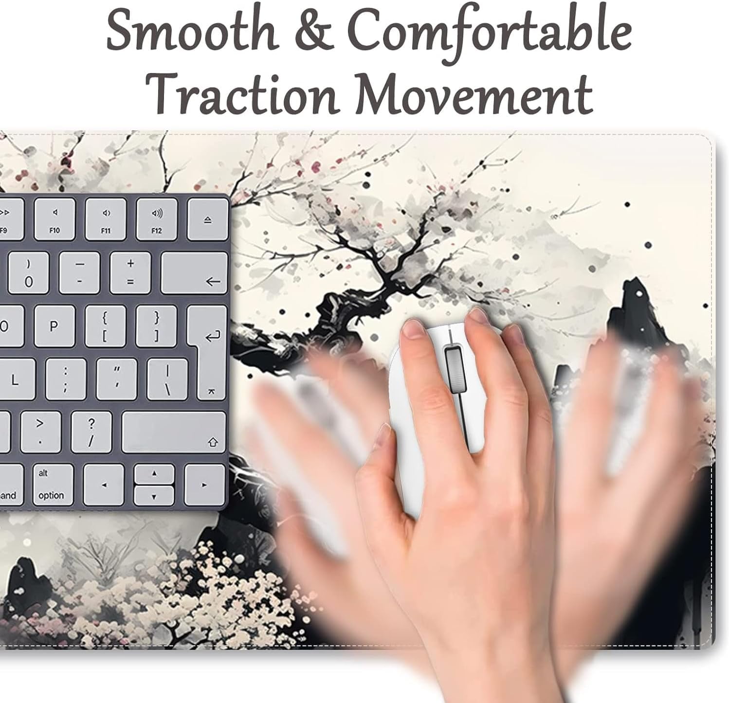 XXL Extended White Mouse Pad Japanese Cherry Blossom Desk Pads Mountains Large Gaming Office Long Mousepad Non-Slip Rubber Base Mouse Mat for Home Office(Size:35.4x15.7in)