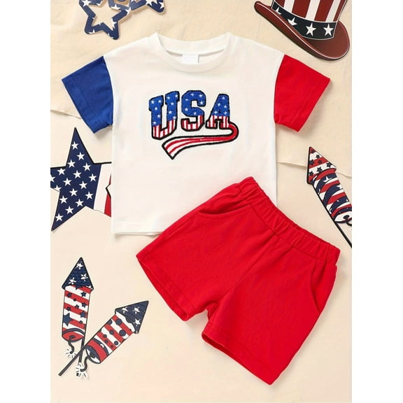 MORTTIC Baby Boy 4th of July Outfit Short Sleeve Letter Print Color Block T-Shirt and Shorts Set, Perfect for USA Independence Day Outdoor Celebration