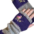 thumbnail image 1 of Women Autumn Winter Bird Embroidered Gloves Knit Fingerless Color Block Mitten, 1 of 10