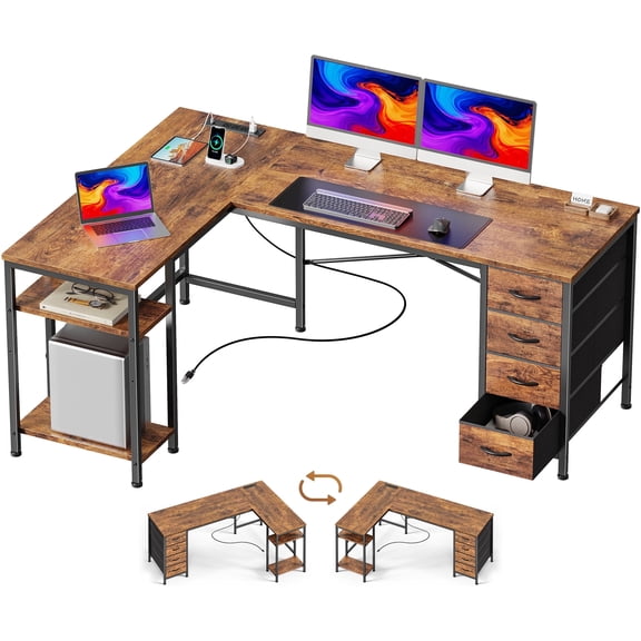 55 Inch L-Shaped Desk with Fabric Drawers, Reversible Home Office & Gaming Desk with Power Outlets, and Adjustable Storage Shelves
