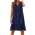 thumbnail image 1 of Dvprdro Robe d'Été Imitation Coton Lin pour Femmes Mode Décontractée Ample Couleur Unie Col en V Sans Manches Boutonnée Ourlet à Volants Robe de Plage Soleil, 1 of 5