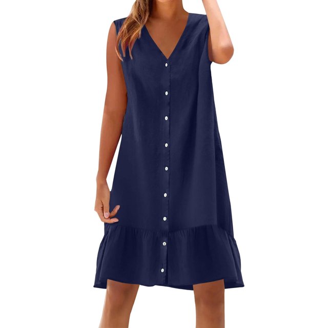 Dvprdro Robe d'Été Imitation Coton Lin pour Femmes Mode Décontractée Ample Couleur Unie Col en V Sans Manches Boutonnée Ourlet à Volants Robe de Plage Soleil