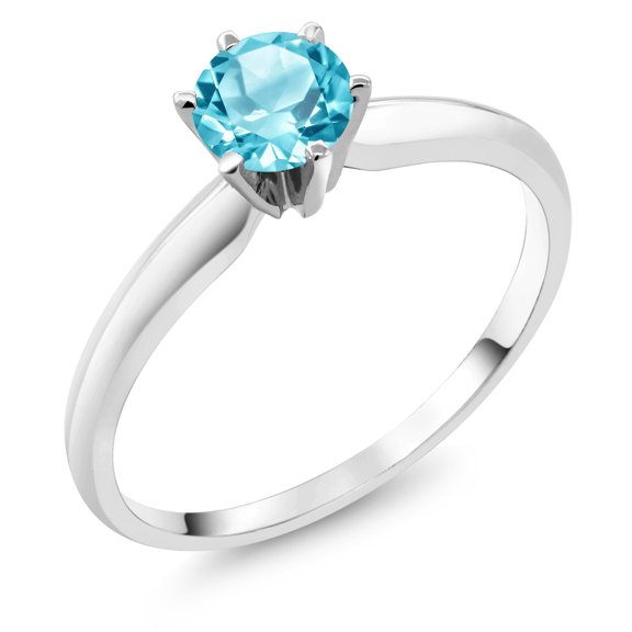 Gem Stone King 18K White Gold Swiss Blue Topaz Engagement Solitaire Ring for Women (0.65 Cttw, Round 5MM, Gemstone November Birthstone, Size 9)