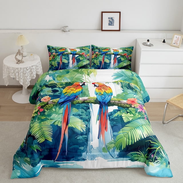 Erosebridal Ensembles de Literie Perroquet de Dessin Animé Simple avec Couette, Insert de Couette Feuille de Palmier, Décor de Cascade, Réversible 2 Pcs