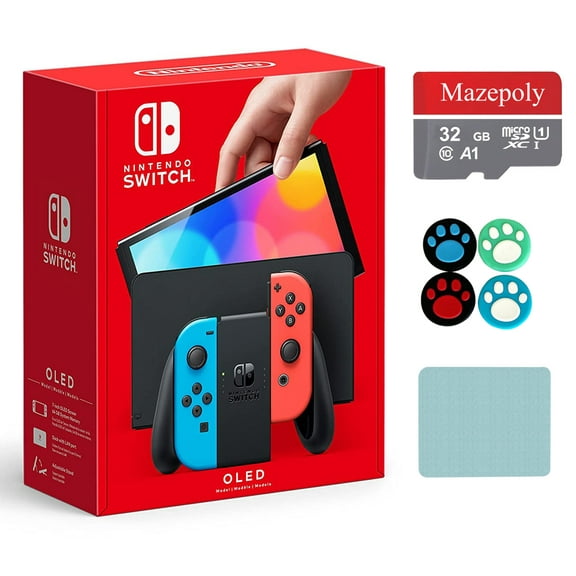 Nintendo Switch OLED Model with Mazepoly Accessories, Neon Red & Neon Blue, New