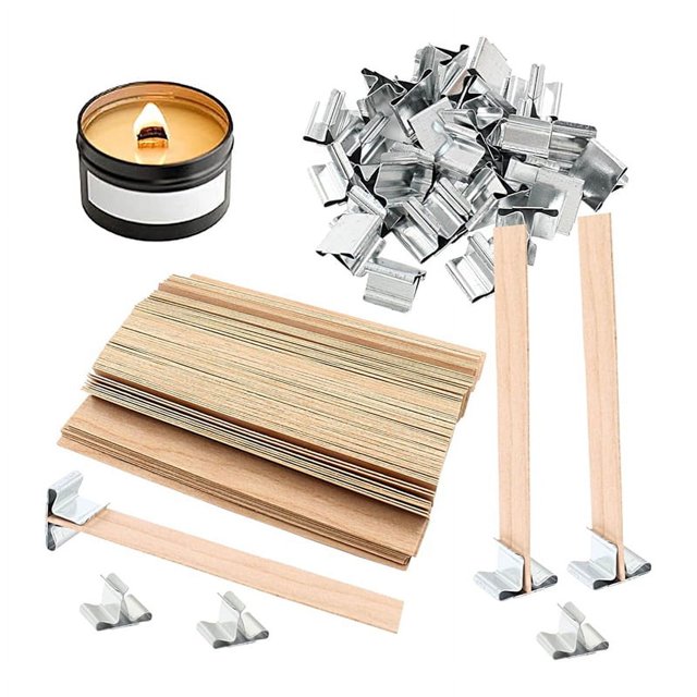 Mechas de Vela de Madera 200 Piezas, Mechas de Madera para Hacer Velas, Mechas de Vela de Madera con Base de Metal con Clip de Mecha