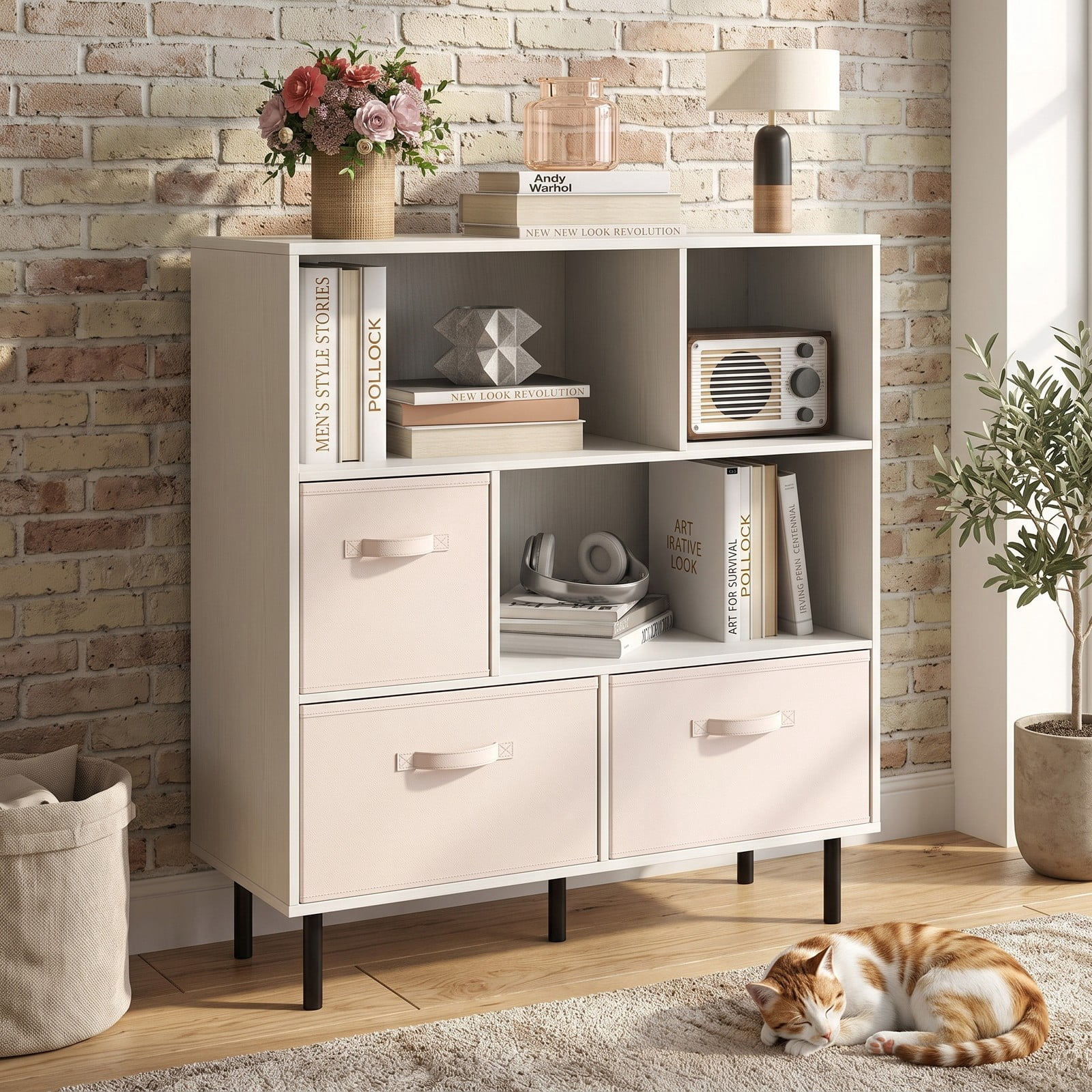 Furnibear 6-Cube Bookshelf with 3 Removable Folding Fabric Drawers, Metal Frame Cube Storage Organizer Bookcase Display Shelf for Living Room Bedroom Home Office, White