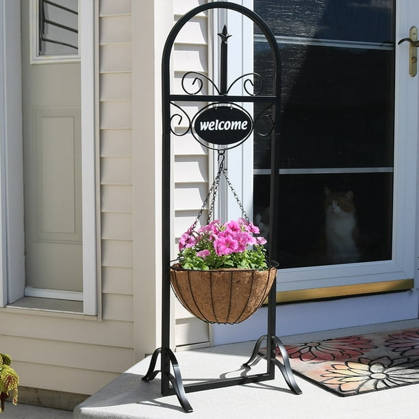Sunnydaze Hanging Basket Planter Stand with Decorative Sign
