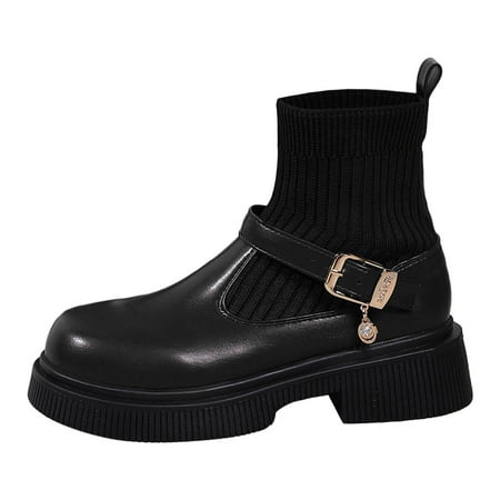 

YHGFVOKJ Boots for Women Casual Solid Color Round Toe Leather Knit Patchwork Large Size Sock Boots Short Boots Mid Calf Ankle Boots Shoes Ankle Booties Black 40