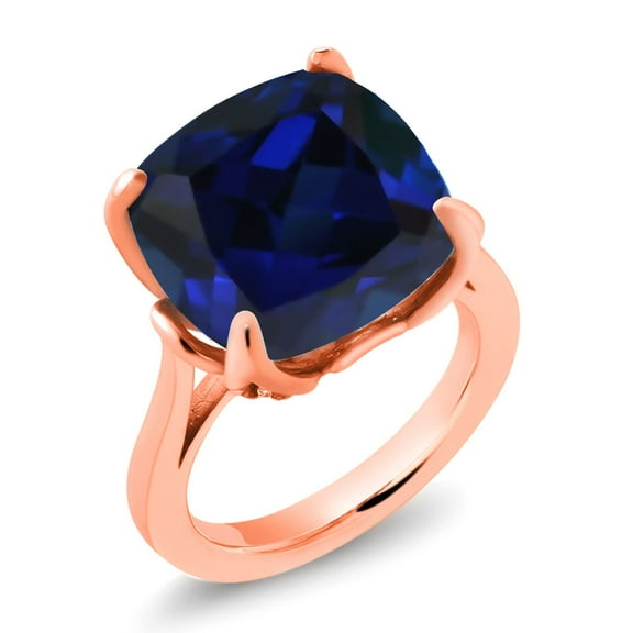 Gem Stone King 18K Rose Gold Plated Silver Blue Created Sapphire and White Topaz Engagement Ring for Women (14.10 Cttw, 14MM Cushion, Size 8)