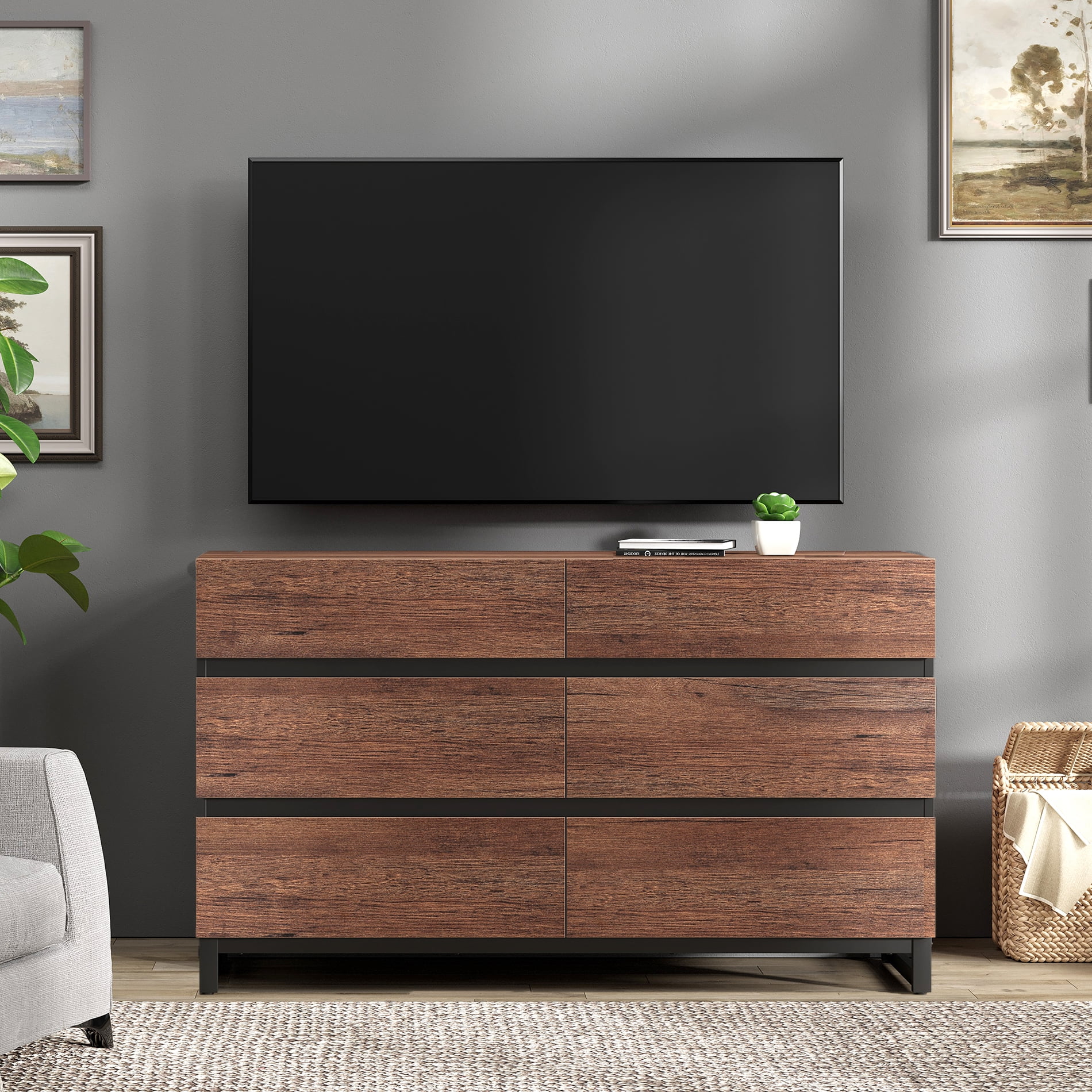 WAMPAT 6-Drawer TV Stand, Modern Media Entertainment Center with Metal Base, Wooden Storage Console Fits 50 Inch TV for Home Living Room, Brown