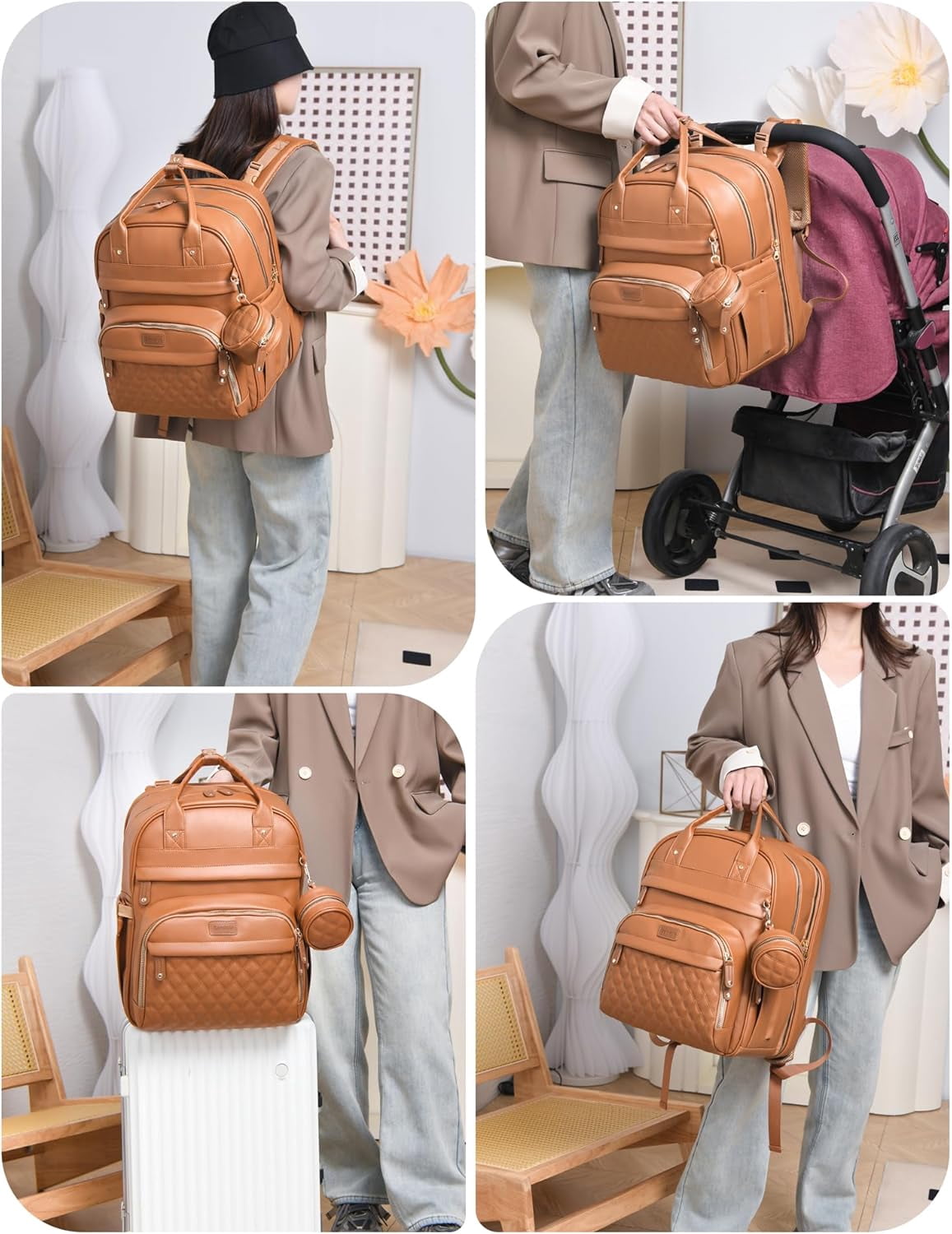 Diaper Bag Backpack with Changing Station, Newborn Essentials Must Haves, Water-Resistant Vegan Leather Diaper Backpack, Large Capacity Baby Travel Bag with Stroller Straps, Unisex Brown