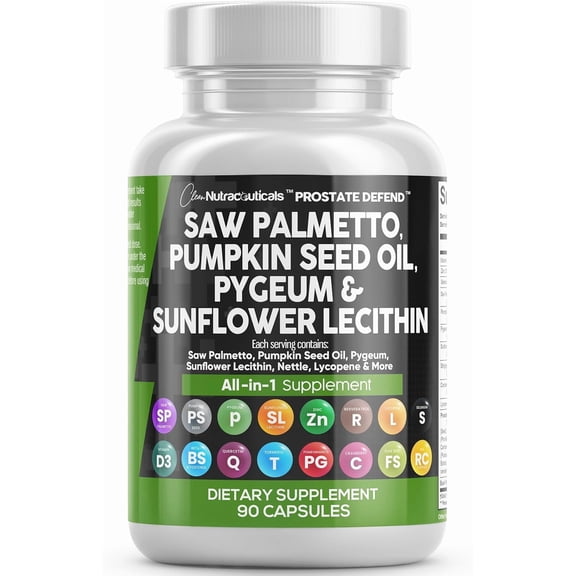 Clean Nutraceuticals Saw Palmetto Pumpkin Seed Oil Pygeum Sunflower Lecithin Stinging Nettle Cranberry - Prostate Supplements for Men with Lycopene - 90 Caps
