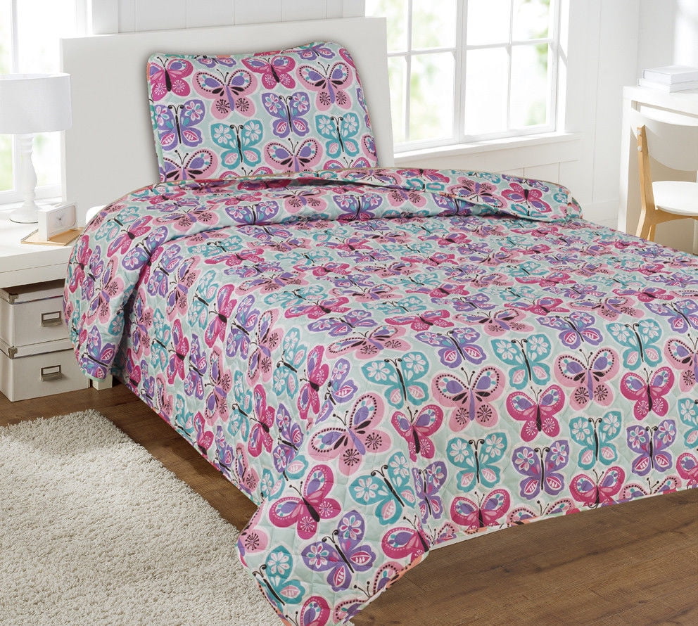 Children's 2 Piece Quilted Bed Spread Cover Blue Butterfly