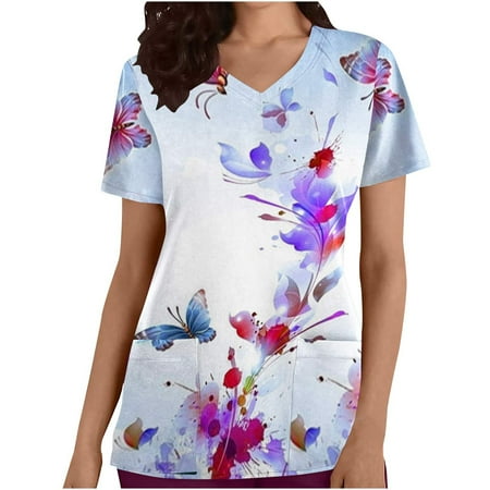 

Yyeselk Women Working Uniform T Shirt Butterfly Print Top V Neck Scrubs Shirt Casual Blouse Tee Workwear Nursing Scrubs Tops Short Sleeve Pullover Shirts T-Shirts Tshirts White S