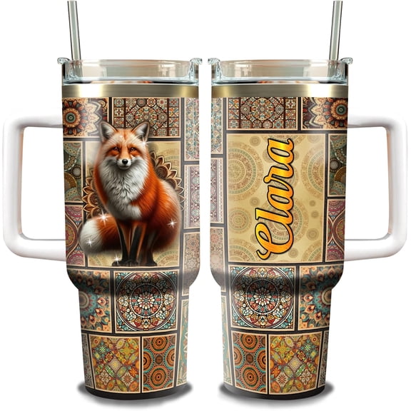 Personalized Mandala Fox Tumbler Stainless Steel Insulated Vacuum Tumblers 40oz Tumbler with Handle and Straw Lid Birthday Christmas Cup Customized Name Gifts For Animal Lovers Women Girl